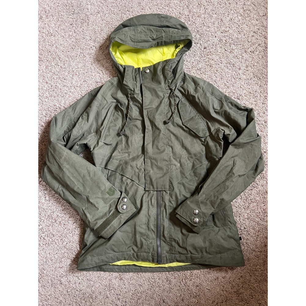 Burton Dryride Snowboard Jacket Womens Medium Olive Green Neon Yellow Hooded